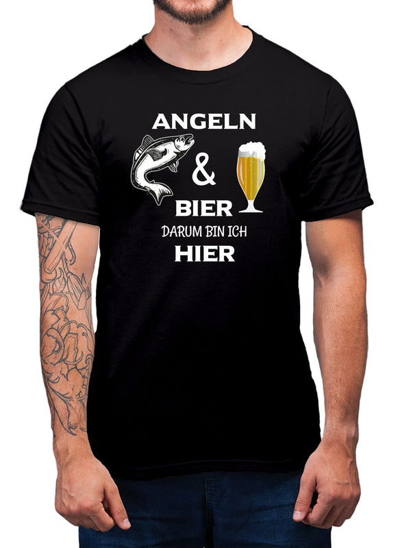Angler T-Shirt Angel Shirt Angeln und Bier - Darum bin ich hier TShirt - Unisex, 100% Baumwolle