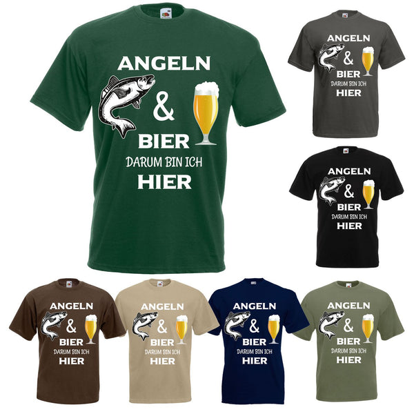 Angler T-Shirt Angel Shirt Angeln und Bier - Darum bin ich hier TShirt - Unisex, 100% Baumwolle