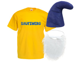 Saufzwerg Kostüm Set Bart Mütze JGA Party Bier Sauf Verkleidung - Rundhals, 100% Baumwolle - Das trinkfeste Kostüm